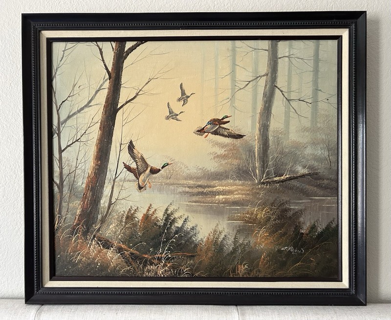 Vintage Oil On Canvas Mallards In Flight Signed By C Balwin