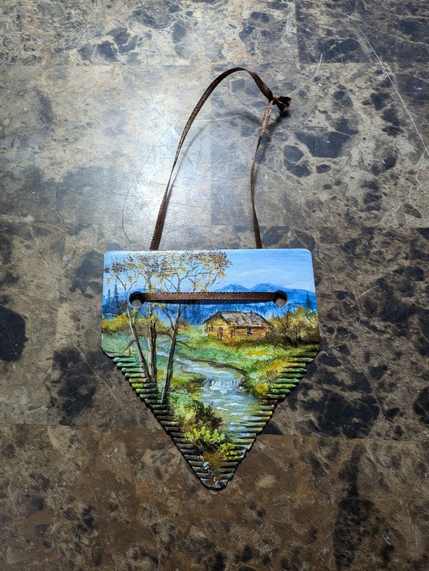 Hand Painted Farm Art Craft Vintage Machinery Sickle Metal 3in Landscape Signed gallery