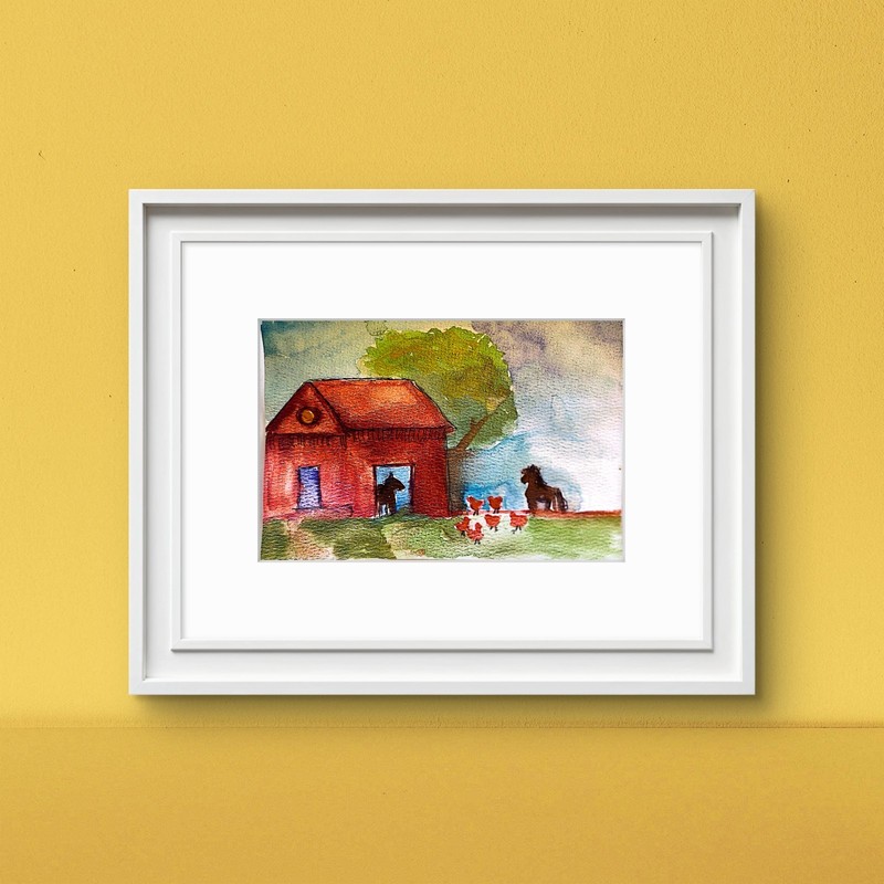 Horse Barn With Chickens Contemporary Expressionist Original Watercolor 5x7 gallery