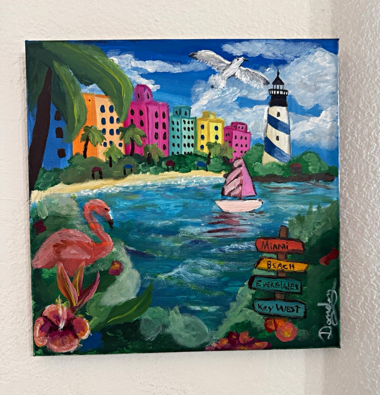 Original Acrylic Painting Miami Beach Florida Coastal Flamingo 12×12 Canvas