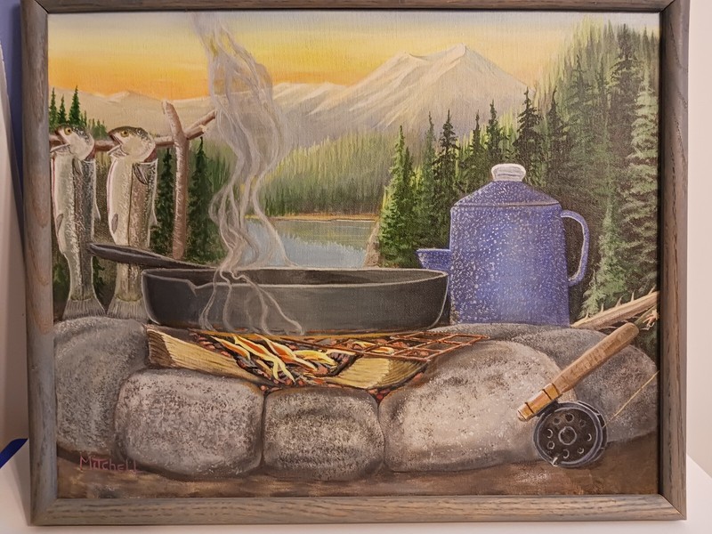 Vtg painting Fishing Camping campfire with Blue Pitcher and Fish, magic realism