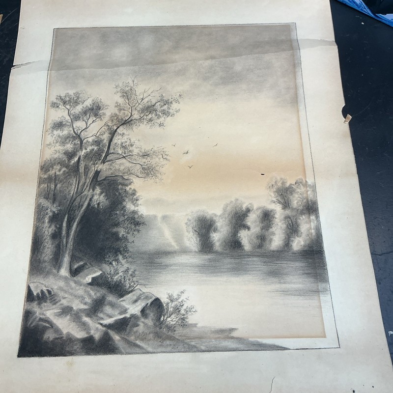 Antique charcoal drawing landscape tree Water 1892 Art 18in x 22in