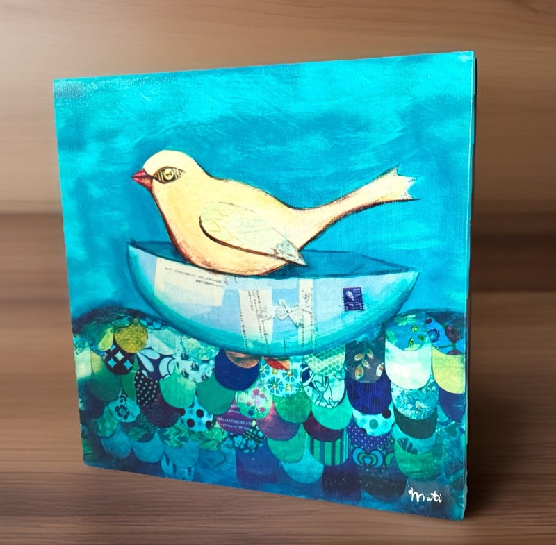 16”X16” mixed-media painting of a bird in a bowl, signed «Mati.»