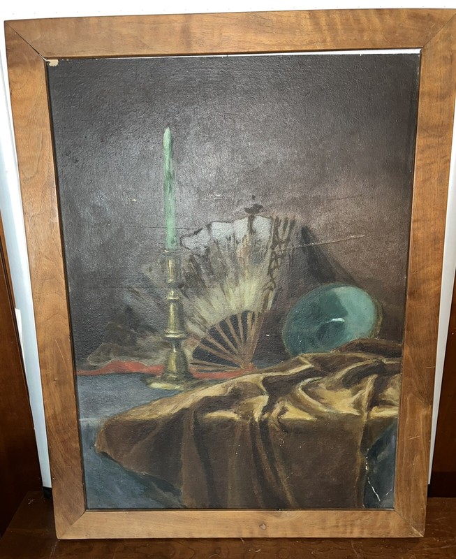 ANTIQUE ROSEWOOD FRAME STILL LIFE PAINTING FAN PEWTER CANDLE STICK Pottery
