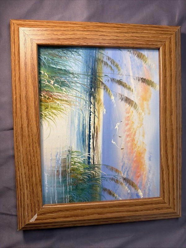 Original Oil Painting Signed 10×12 Beach Scene Seagulls Wood Frame