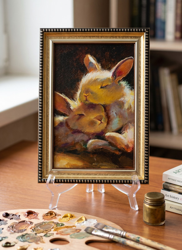 Original Oil Painting Rabbits Signed Animal Art 4x6 Framed Gift gallery