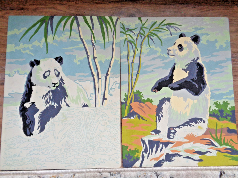 2 Vtg Paint by Number Big Eye Panda Bears 2 Oil Paintings Retro Kitsch U Finish