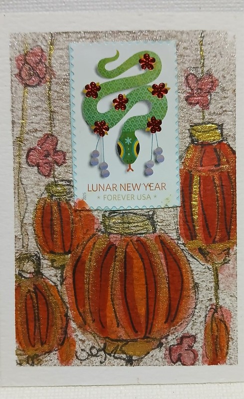 ACEO OOAK Lunar New Year Green Snake & Red Gold Lanterns Collectible giftable