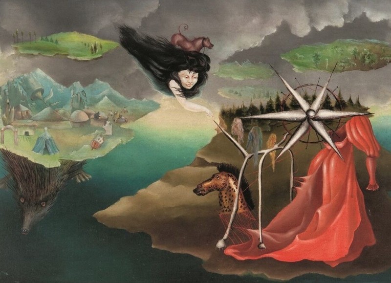 Leonora Carrington Signed Oil Painting on Canvas 16x24 in Surrealism .