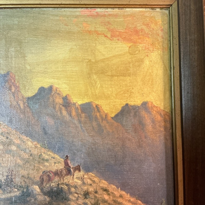 Antique Cowboy Western Mountain Scene Original Oil On Canvas Board Painting gallery