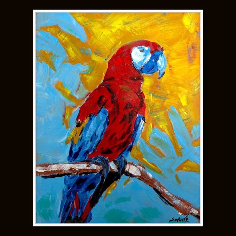 Scarlet Macaw Parrot 11x14 Painting Fauvist Tropical Red Yellow Canvas SWhite gallery