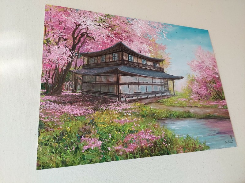 Japanese morning Cherry tree oil painting. Blossoming sakura art. Japan house gallery