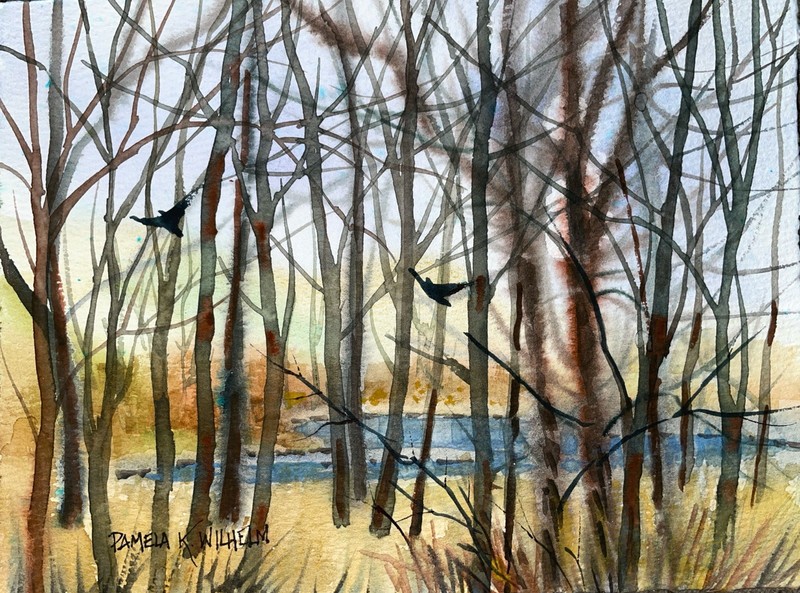 6”x8” Pamela Wilhelm Original Watercolor Winter Trees Misty Pond Black Birds