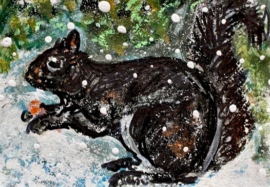 ORIGINAL ACEO Painting Black Squirrel WINTER Snow Pine Tree Landscape ATC ART