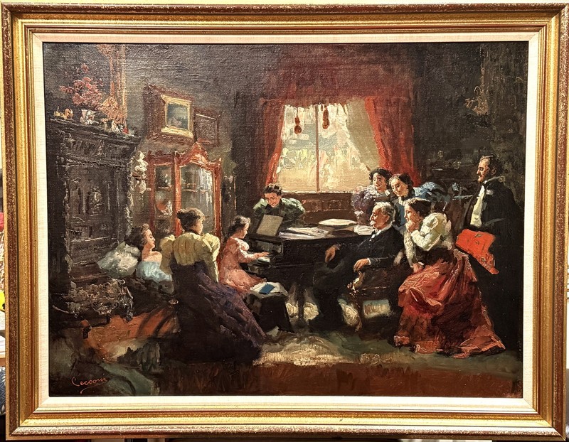 Alberto Cecconi (Italian), VTG c 1940’s Genre Scene O/C «Playing Piano», Signed!