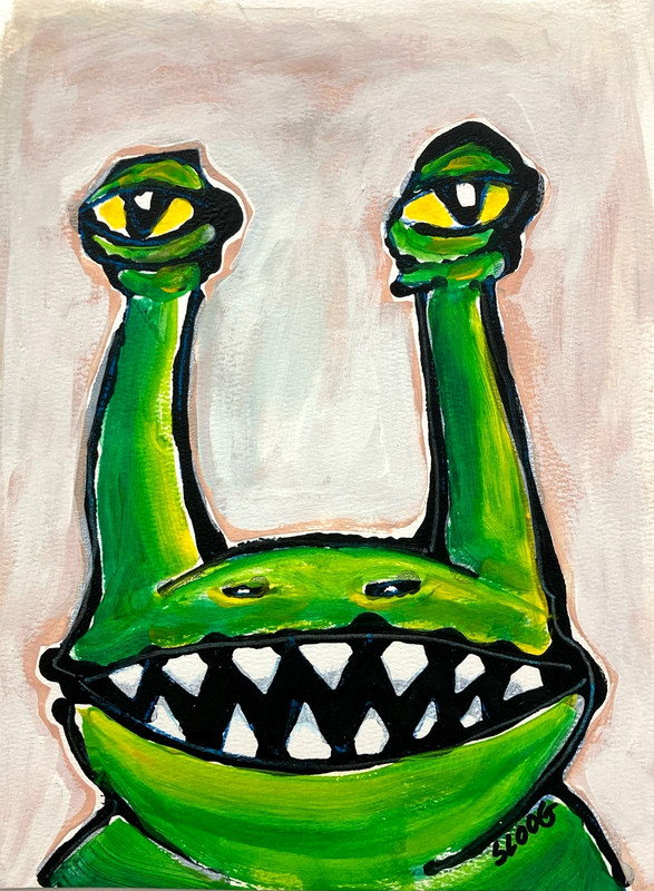 SLOOG Original Art Children’s Room Cartoon Painting on Paper 9×12 Toothy Monster