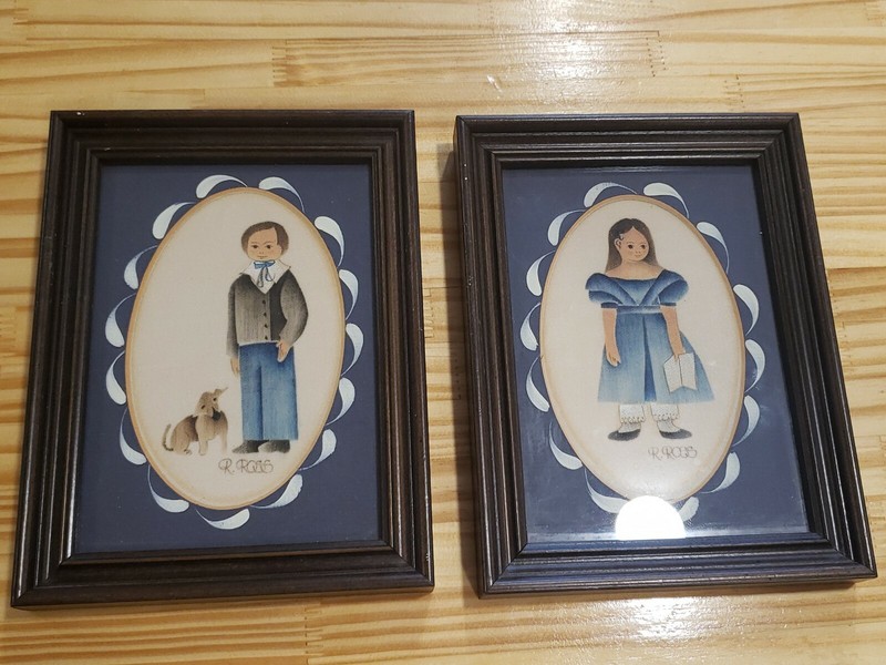 R Ross Matching Framed Folk Art Boy with dog Girl with book Watercolor Signed