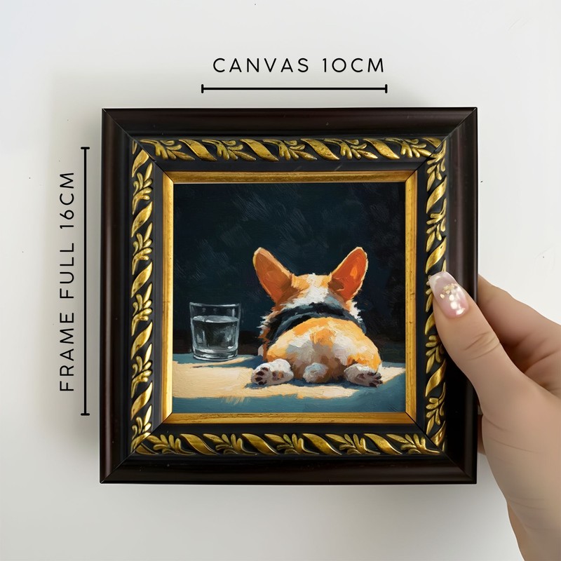 Cute Corgi Dog Painting on Brown Gold Mini Framed Hand Painted Animal Art 4x4 gallery