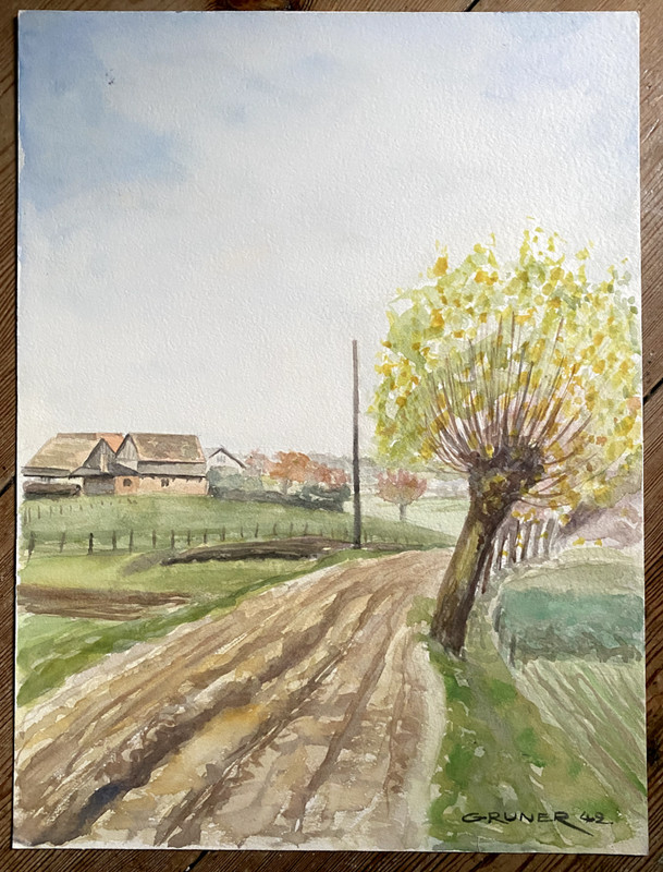 Watercolor/Mixed Media Head Willows by the Wayside Farm Landscape Meadows
