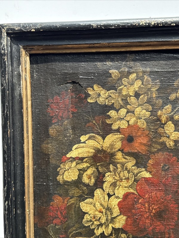 ANTIQUE OLD MASTER PAINTING FLORAL FLOWERS SIGNED MYSTERY OIL 17TH 18TH CENTURY gallery