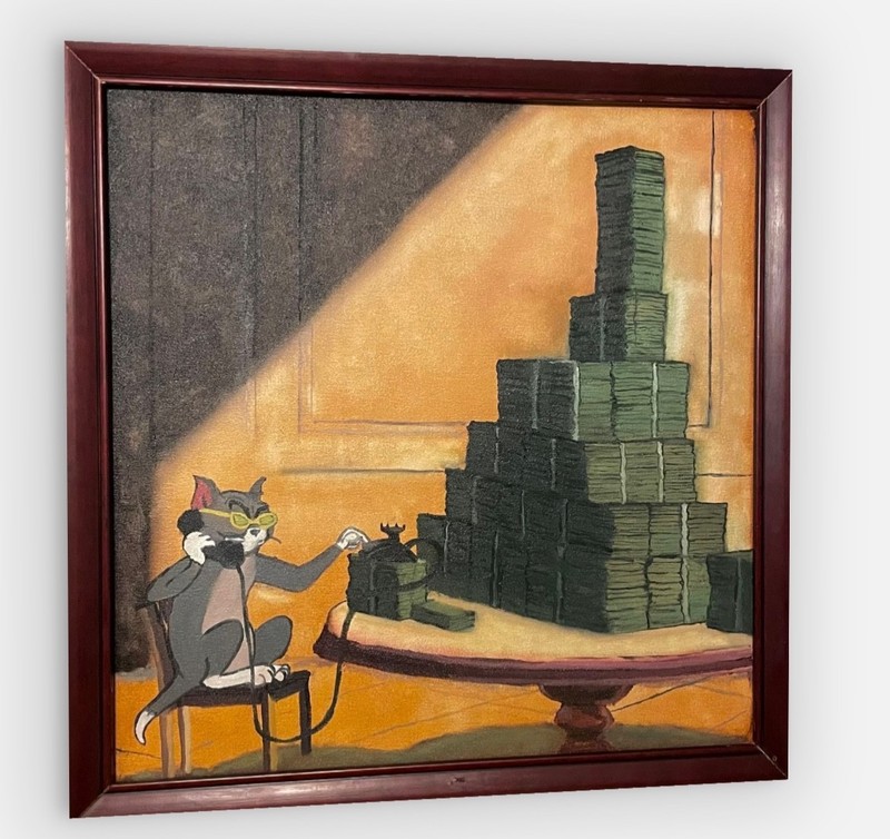 original oil painting «stacks of cash» framed & signed