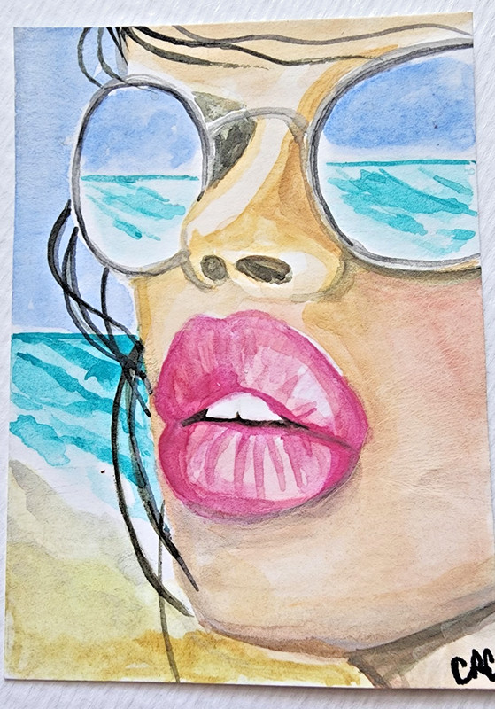 ACEO Original watercolor woman seascape miniature art card by CRC