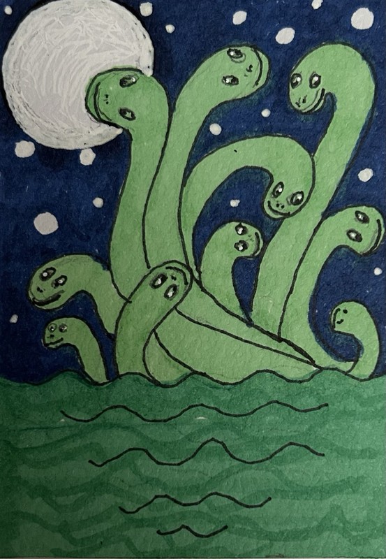 ACEO Original Miniature By Lyn’et – ‘Lochness Monsters’ 2.5X3.5”