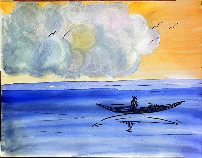 Boater On The Water Contemporary Expressionist Original Multimedia Painting 9×12