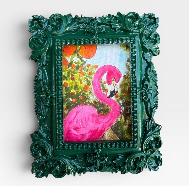 Pink Flamingo in Orange Grove watercolor print in mini vintage style frame