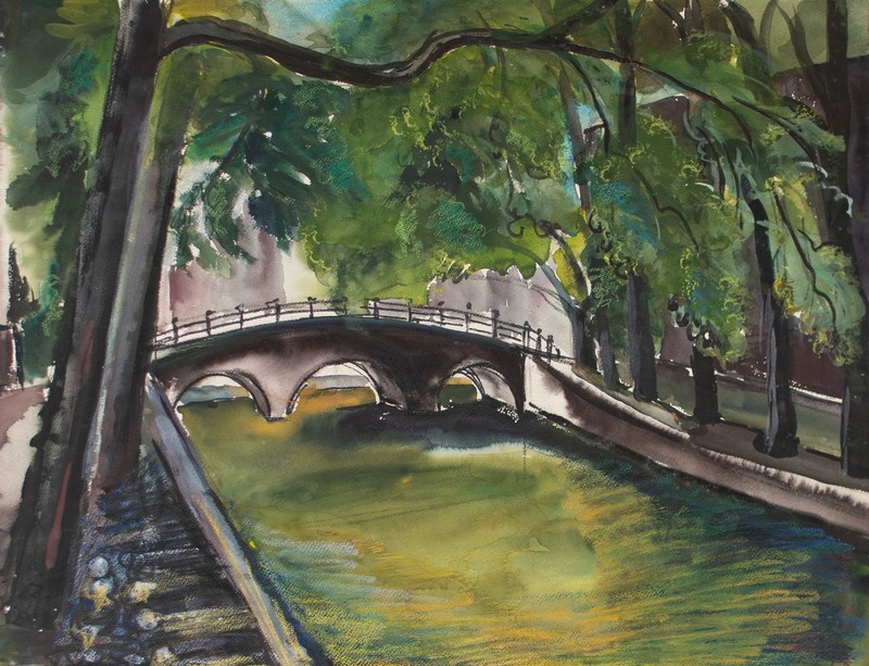 Gerhard Schulte-Dahling Bridge Canal Netherlands Postwar Watercolour Paper