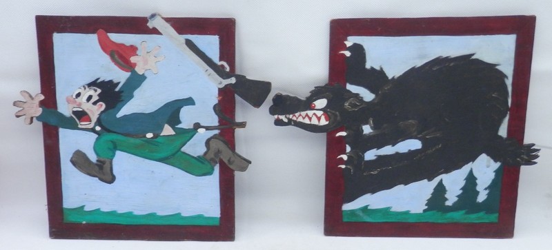 Vintage MCM Folk Art Painting Pair Cartoon Hunter Chased by Wolf on Plywood