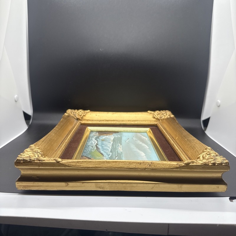 Vintage Small Original Oil Painting On Board Seascape Gold Frame 11” X 9” gallery