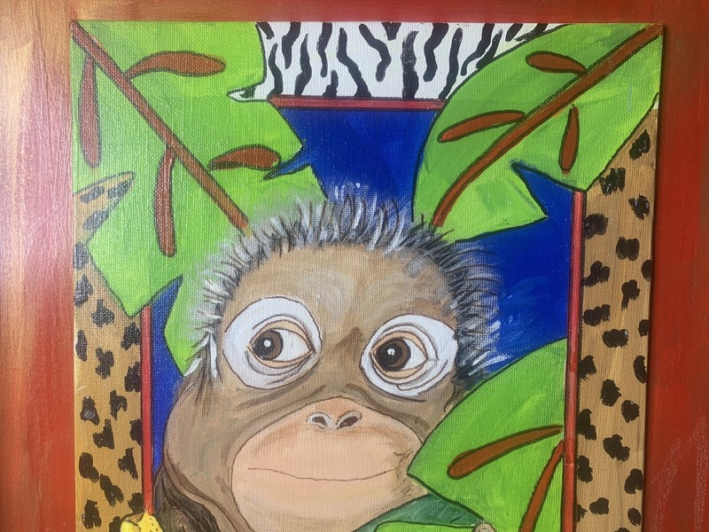 “God’s Hand…My Pen” Framed Acrylic on Canvas Signed By HB Hyman Orangutan Bright gallery