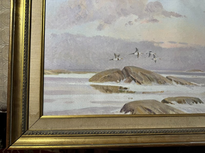E Soousliom? "Coastal Landscape With Gulls Scene" Oil Painting - Signed/Framed gallery