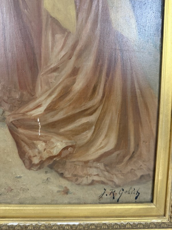 Antique Oil Painting “Springtime” Signed J.R. Goltey Woman Gilt Frame gallery