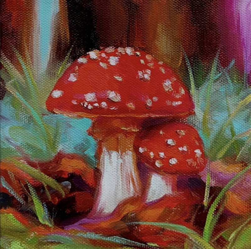 Original Oil Mushroom Painting, OOAK, 6x6in, Nature, Art by Melody Madia