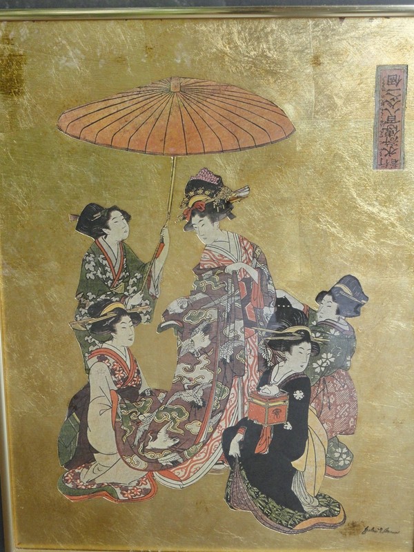 70’s JAPANESE GEISHA UKIYO-E 浮世絵 倍の葉 STYLE GOLD LEAF COLLAGE ART JULIE L. BROWN
