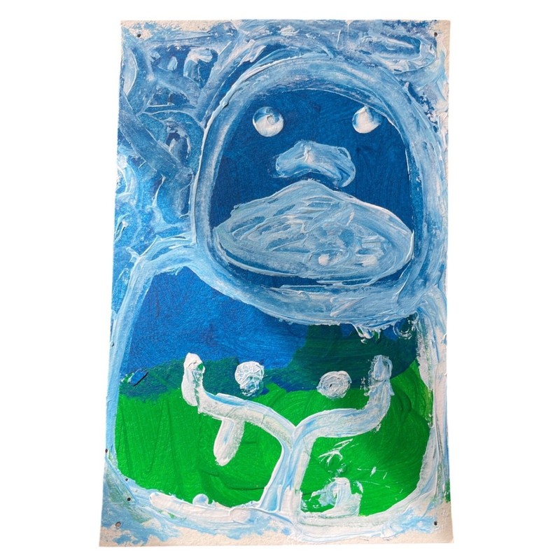 Original Artwork Blue Green Character Painting Child Art Unique Piece 5.5 x 8.5