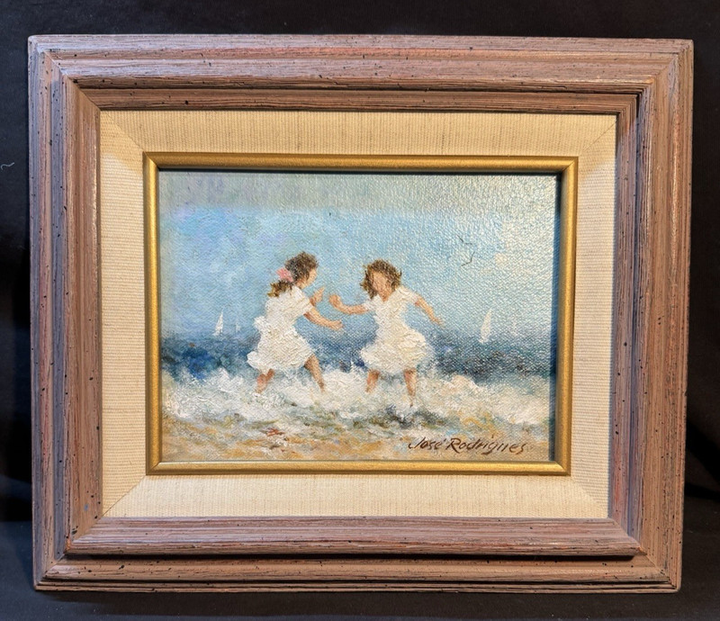Jose Rodrigues California Artist Oil Painting Two Girls on the Beach