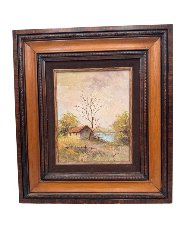 Vintage Original Oil On Board Rustic Cabin Landscape Wood Frame Signed Painting￼