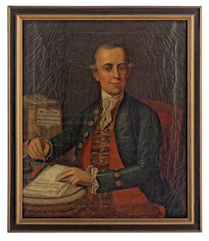 FINE ANTIQUE 18th C AUSTRIAN SCHOOL PORTRAIT PAINTING OF A SILK MERCHANT- 1780