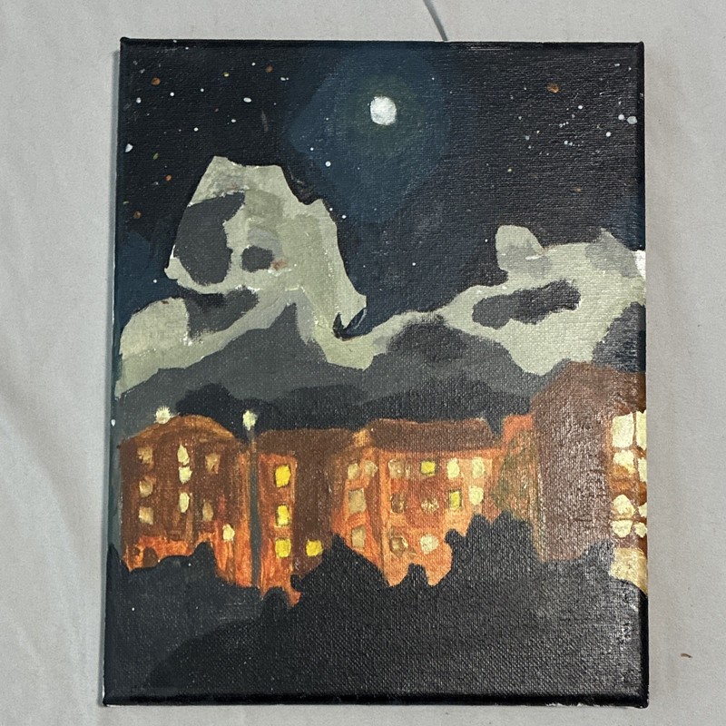 Moonlit Night Cityscape & Mountains Canvas Painting, Small Contemporary Unframed