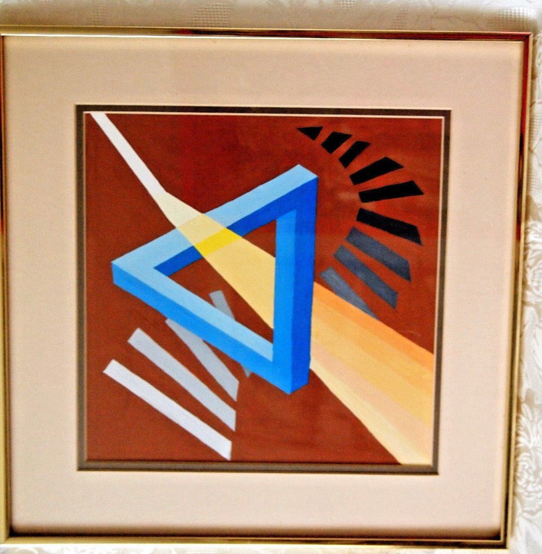 Original Geometric Abstract Painting, Acrylic on Cardboard, Untitled, Framed