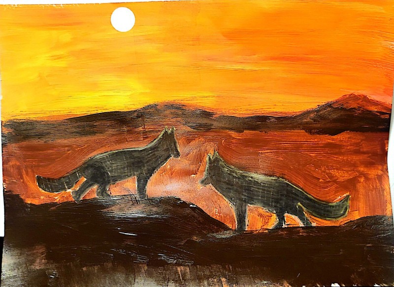 Two Wolves Contemporary Expressionist Original Mixed Media 9×12 Paper