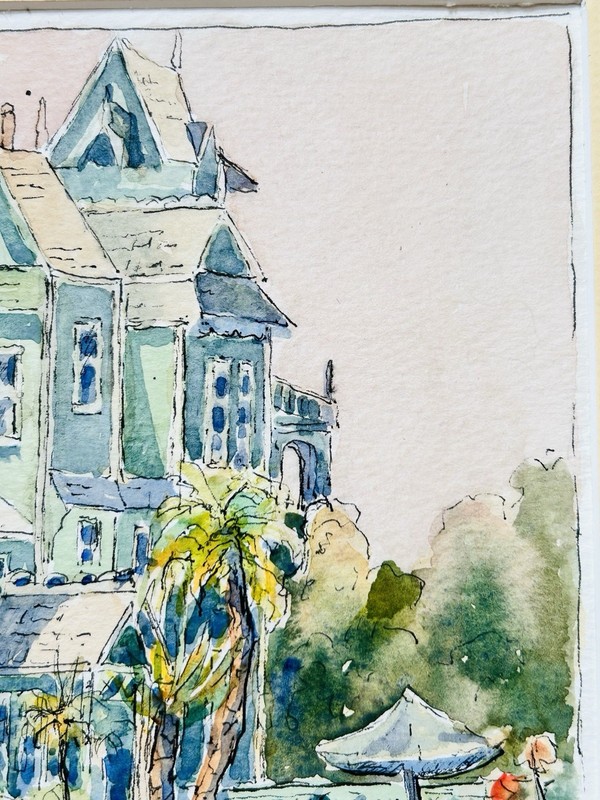 Victorian House & Garden Palms Watercolor OOAK Signed A. Cushing 7.25 x 4.75” gallery