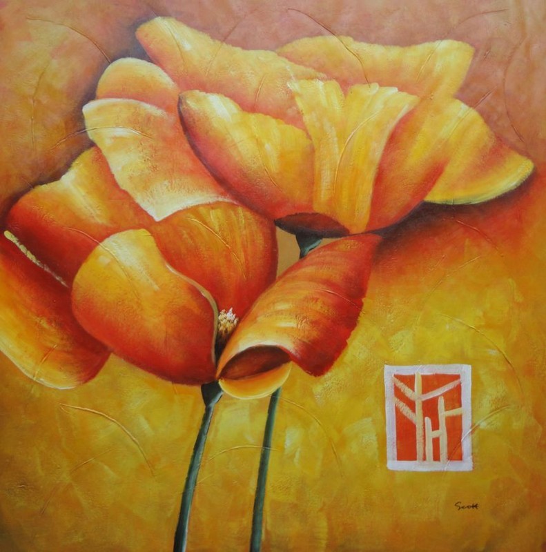 40×40 Large Yellow Poppies in Warm Setting Oil Painting Decorative Flower