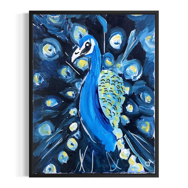 Original Abstract Peacock 11×14 Painting Acrylic Blue Wall Art Stretched Canvas