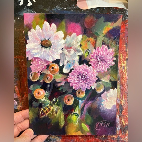ORIGINAL Flower Still Life Painting honeybee Art Botanical Bouquet Floral Bee