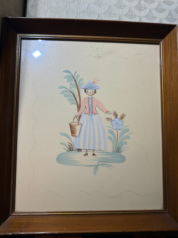 Antique Folk Art «A Young Girl Scene» Ink And Watercolor Painting – Framed