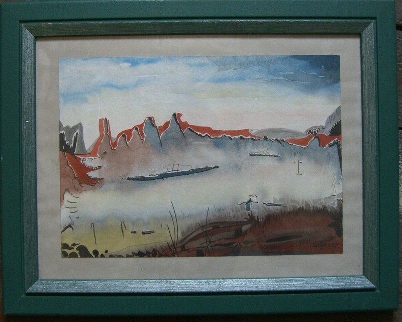 Karl Scherer (*1936) Modern Landscape Watercolor Modern Frame Fog Boats